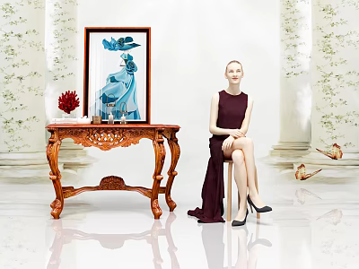 Elegant Carved Wooden Dressing Table With Decorative Painting And Floral Wallpaper 3d model