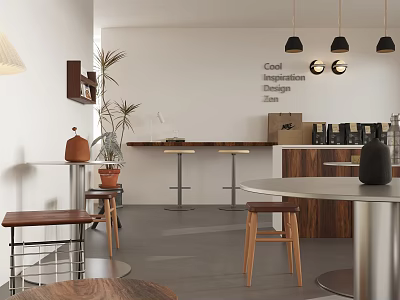 Modern Restaurant Interior With Tables Chairs Bar Stools Plants And Pendant Lights 3d model
