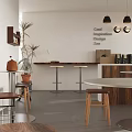 Modern Restaurant Interior With Tables Chairs Bar Stools Plants And Pendant Lights