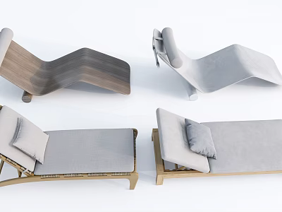 Comfortable Modern Outdoor Lounge Chairs With Wooden Frame Gray Cushions And Wave Design 3d model