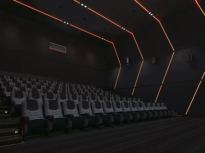 Modern Cinema Theater Interior With Rows Of Comfortable Seats And Orange Ambient Lighting 3d model