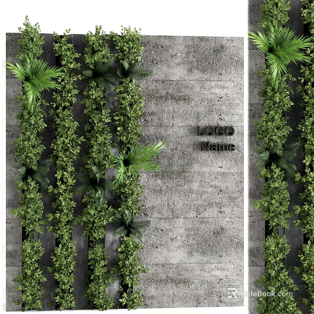Lush Vertical Green Plant Wall with Mixed Foliage Against Concrete Background 3d model 