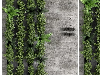 Lush Vertical Green Plant Wall with Mixed Foliage Against Concrete Background 3d model