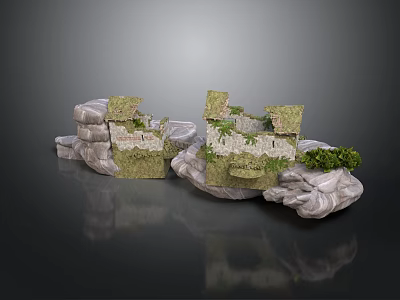 Ancient Ruins Scene With Weathered Stone Blocks Moss And Green Plants 3d model