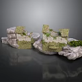 Ancient Ruins Scene With Weathered Stone Blocks Moss And Green Plants