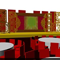 Traditional Chinese Stage With Red Background Yellow Tone Golden Carved Screens Round Tables Red Chairs