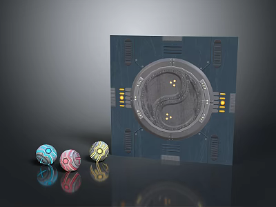 Futuristic Scene Component With Square Platform Yin Yang Symbol Yellow Lights And Colorful Spheres 3d model