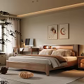 Warm Bedroom Interior Featuring Wooden Bed Nightstand Wall Art Desk With Computer And Cozy Rug