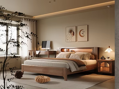 Warm Bedroom Interior Featuring Wooden Bed Nightstand Wall Art Desk With Computer And Cozy Rug 3d model