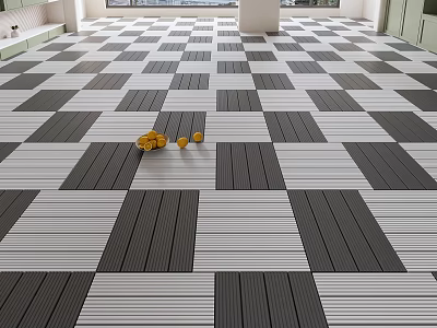 Black And White Geometric Pattern Wooden Flooring With Yellow Decorative Items On Floor 3d model