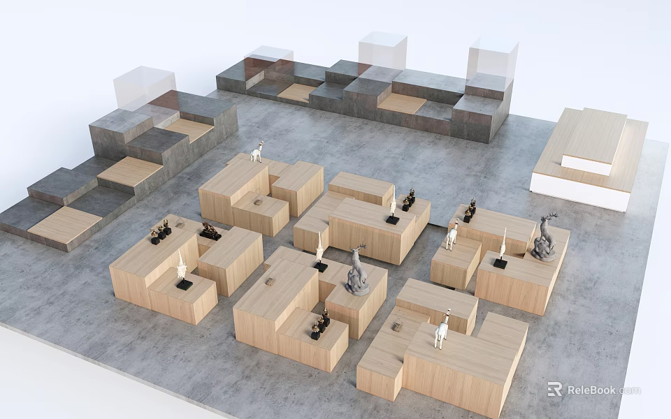 Modern Wooden Display Shelves With Modular Units For Retail Showcase And Open Racks 3d model 