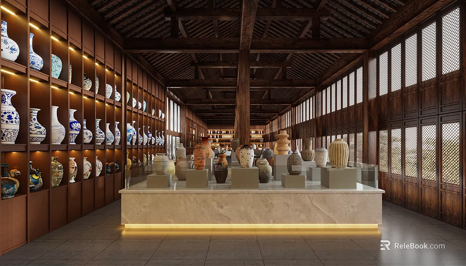 Traditional Chinese Antique Porcelain Exhibition Hall With Classic Wooden Structure And Diverse Pottery 3d model 