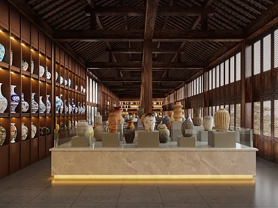 Traditional Chinese Antique Porcelain Exhibition Hall With Classic Wooden Structure And Diverse Pottery 3d model
