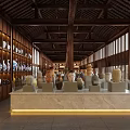 Traditional Chinese Antique Porcelain Exhibition Hall With Classic Wooden Structure And Diverse Pottery