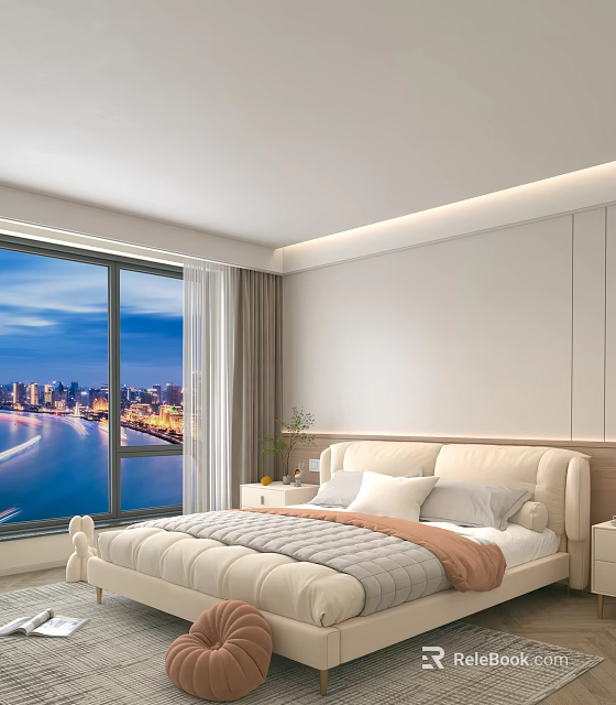 Modern Upholstered Double Bed In Minimalist Bedroom With City Night View And Large Window 3d model 
