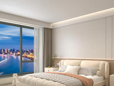 Modern Upholstered Double Bed In Minimalist Bedroom With City Night View And Large Window 3d model