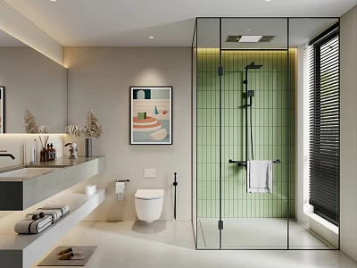 Modern Bathroom Interior With Green Tiles Glass Shower And Vanity 3d model