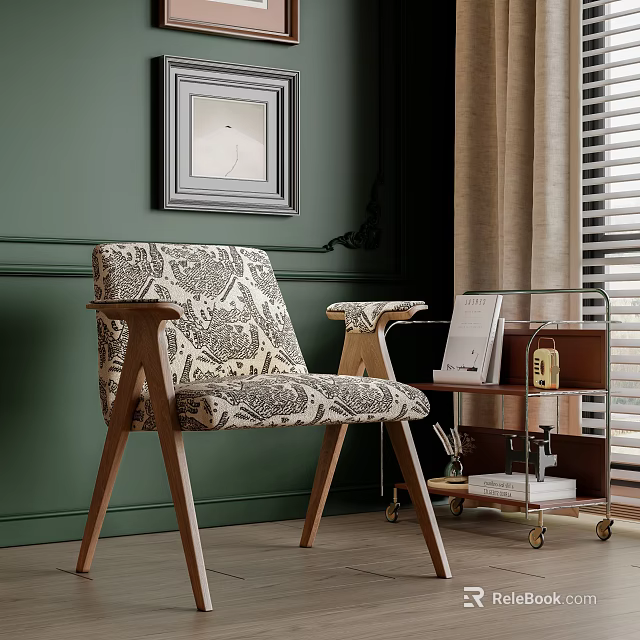 Stylish Accent Chair With Patterned Upholstery Wooden Armrests And Green Wall Background 3d model 