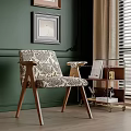 Stylish Accent Chair With Patterned Upholstery Wooden Armrests And Green Wall Background