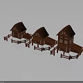 Three Small Wooden Buildings With Red Roofs And Surrounding Wooden Fences