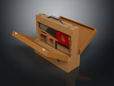 Open Wooden Toolbox With Portable Handle And Various Tools Inside 3d model
