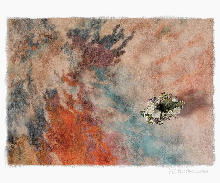 Colorful Abstract Styled Carpet With Artistic Patterns And Flower Bouquet On Floor 3d model 
