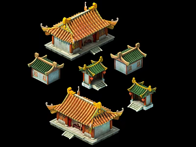 Cartoon Scenery Featuring Traditional Chinese Buildings with Colorful Yellow and Green Roofs and Eaves 3d model