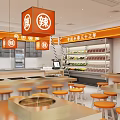 Modern Hot Pot Restaurant Interior With Orange Stools Dining Tables And Displays