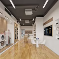 Specialized Retail Store With Machinery Display Precision Work Zone Product Exhibits And Wooden Counters