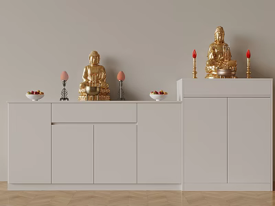 White Buddhist Shrine Cabinet with Golden Buddha Statues Candles and Fruit Offerings 3d model