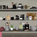 Kitchen Utensils Collection On Shelves With Jars Bottles Teapots Cups Bowls Spoons And Plant
