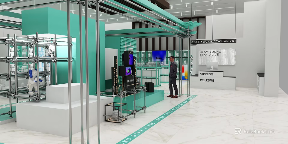 Green Exhibition Booth With Metal Frame Display Cabinets Screens And Man In Suit 3d model 