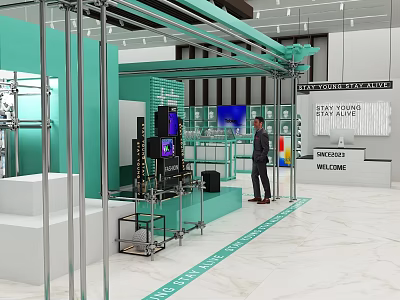 Green Exhibition Booth With Metal Frame Display Cabinets Screens And Man In Suit 3d model