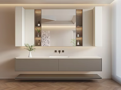 Modern Bathroom Interior Design Featuring Vanity Mirror Green Plants And Decorative Artwork 3d model