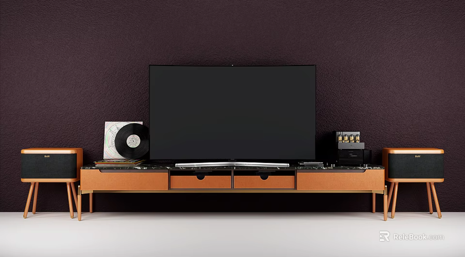 Modern Wooden TV Stand With Large Flat Screen TV Vinyl Record And Speakers 3d model 
