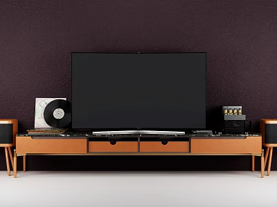 Modern Wooden TV Stand With Large Flat Screen TV Vinyl Record And Speakers 3d model
