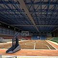 Basketball Gym Interior With Blue Roof Structure Colorful Seats And Central Court