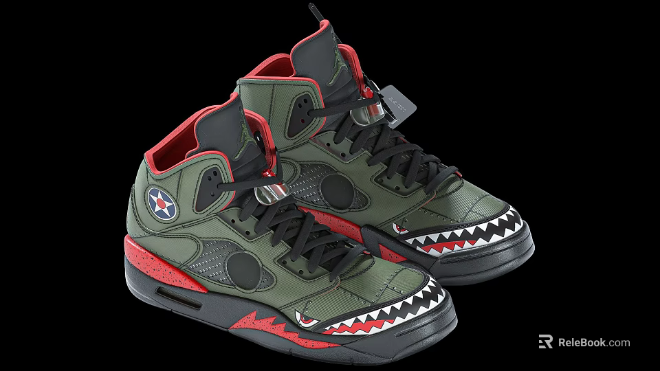 High Top Green Shoes With Red Accents Shark Tooth Design And Star Logo 3d model 