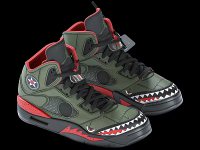 High Top Green Shoes With Red Accents Shark Tooth Design And Star Logo 3d model