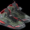 High Top Green Shoes With Red Accents Shark Tooth Design And Star Logo