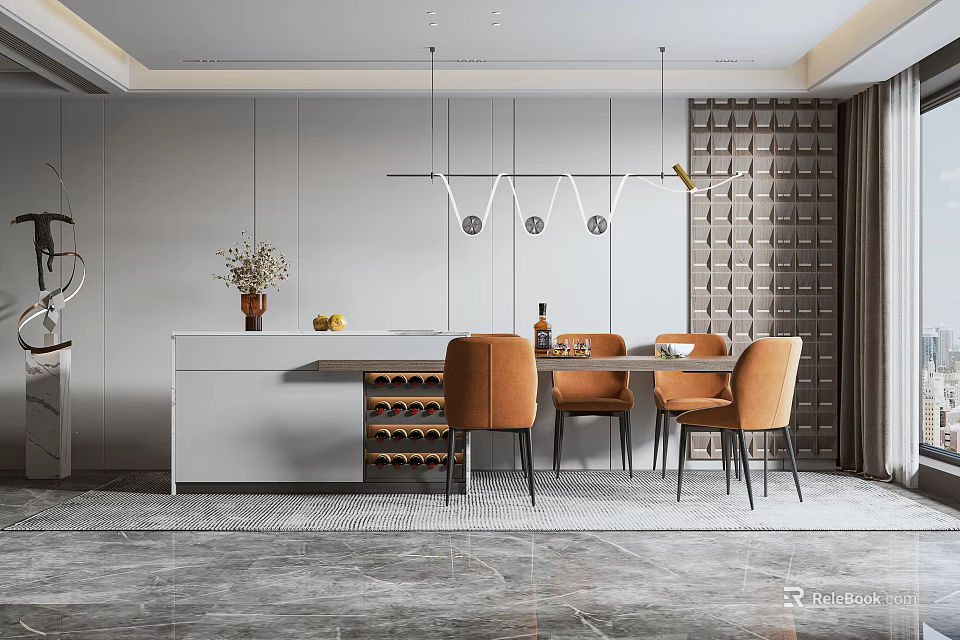 Modern Open Restaurant Interior With White Counter Orange Chairs Wine Rack And Grid-patterned Wall 3d model
