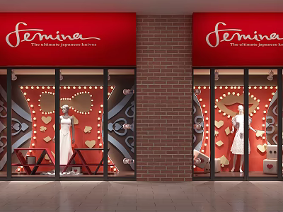 Femina Store Window Display With Red Hearts Bowknot String Lights And White Dress Mannequins 3d model