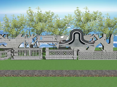 Outdoor Architectural Components Featuring Carved Stone Railings Decorative Platforms Green Trees And Lush Lawn 3d model