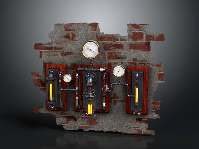 Industrial Style Wall Furniture With Brick Background Wooden Panels Pressure Gauges Pipes And Yellow Lights 3d model