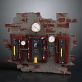 Industrial Style Wall Furniture With Brick Background Wooden Panels Pressure Gauges Pipes And Yellow Lights