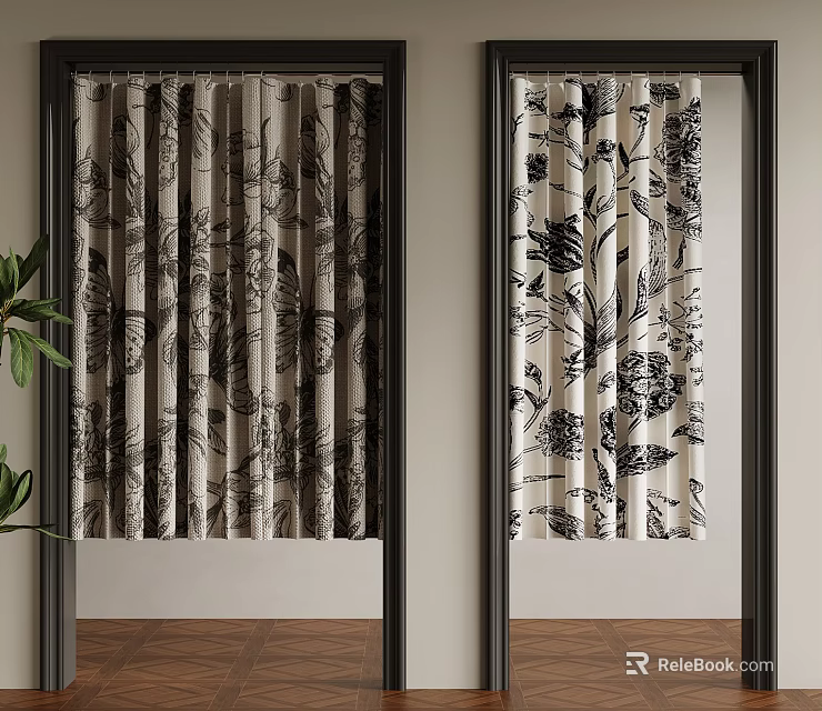 Stylish Black And White Curtains With Floral Patterns Framed In Dark Window Frames 3d model