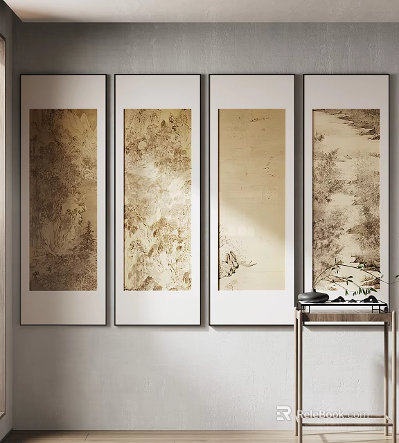 Four Traditional Chinese Ink Wash Landscape Scroll Paintings Wall Art Display in Minimalist Interior 3d model 