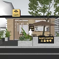 Cozy Cafe Exterior At Night With Yellow Sign Green Plants And Outdoor Seating