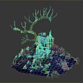 Enchanting Fantasy Scene With Twisted Tree House Blue Water Area Colorful Stones And Glowing Ornaments
