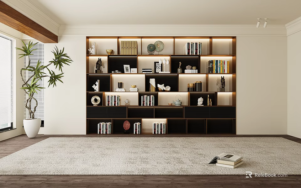 Modern Wall Bookcase With Layered Shelves Lighting Books And Decorative Ornaments 3d model 